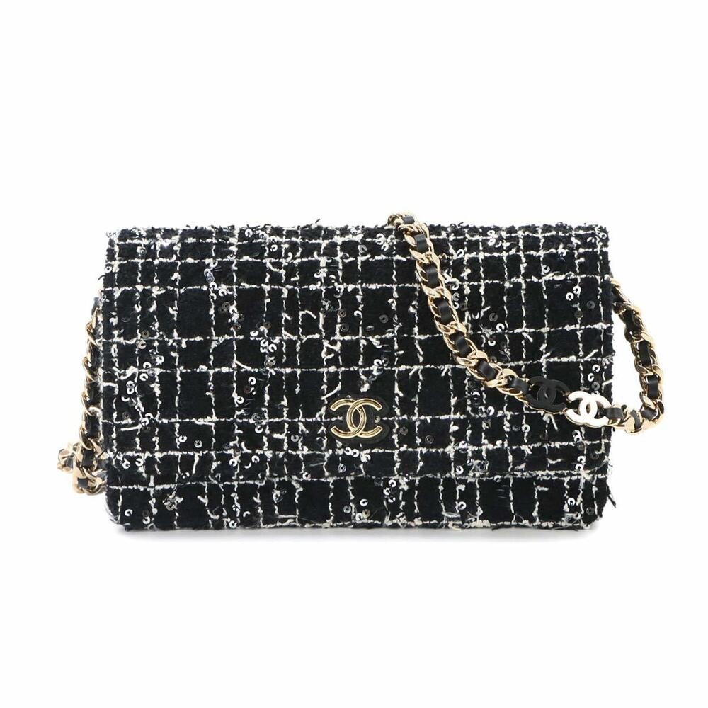 Chanel Matelassé Chain Wallet, Long Tweed Leather, Sequins, Black, Gold Hardware